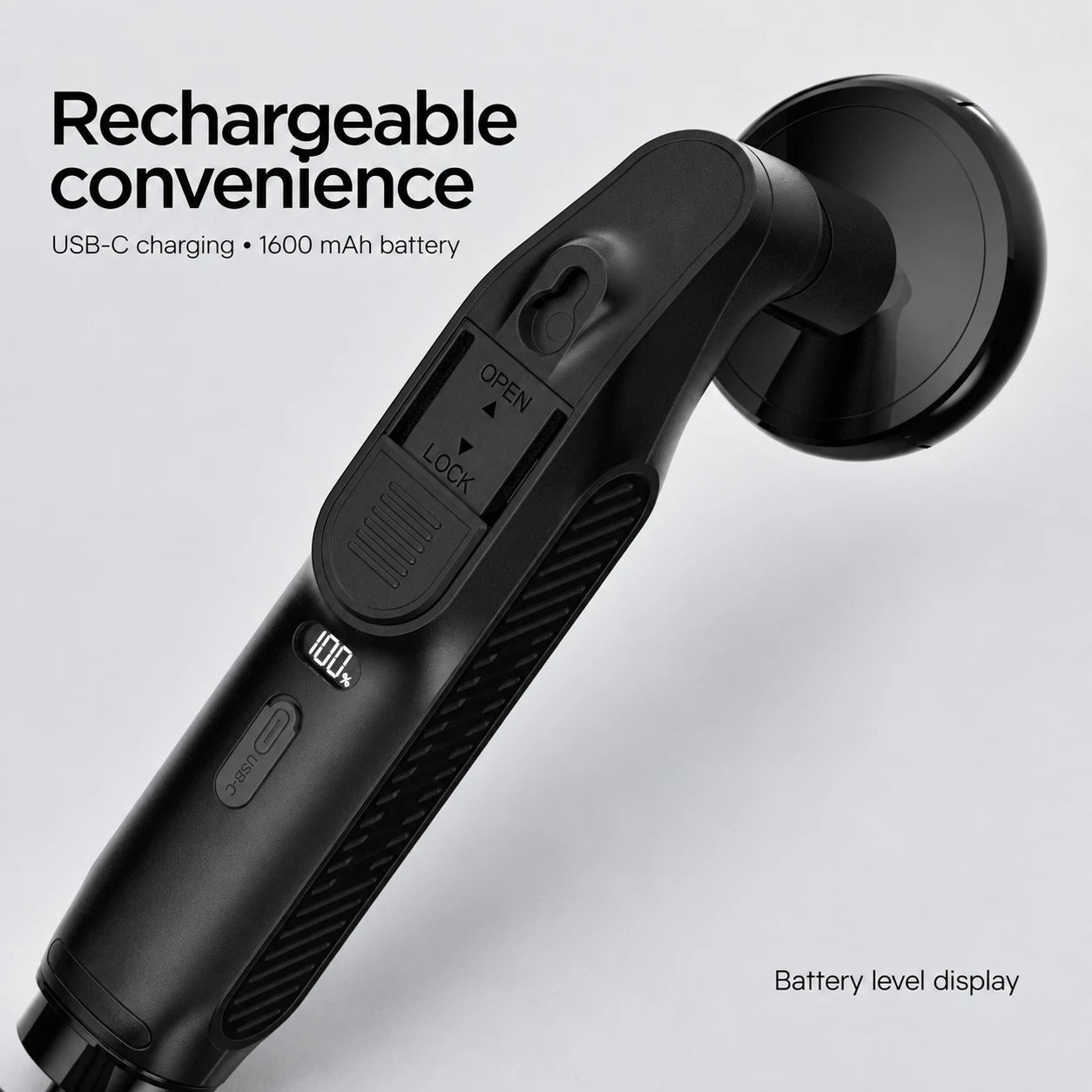 Close-up of the handheld sprayer showing USB-C charging and battery display